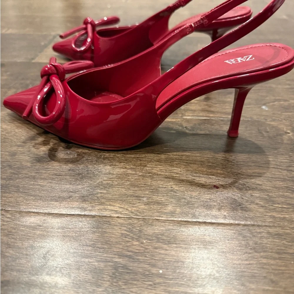 ZARA Red Patent Slingback Heels with Bow Detail – Size 7 - Picture 4 of 6